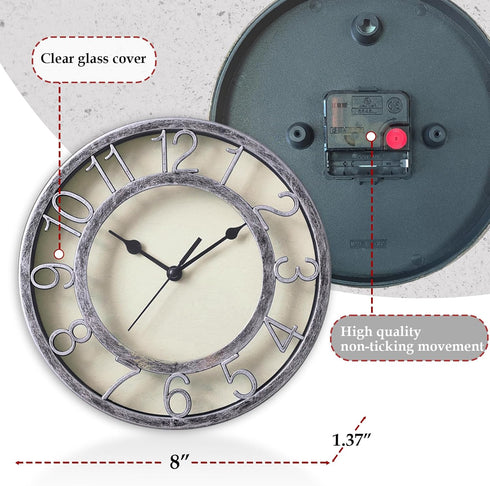 SAC SMARTEN ARTS 8" Silent Quartz Wall Clock Non-Ticking Digital Silver Clocks with 3D Numbers and Plastic Bezel Easy to Read Vintage Wall Clock...