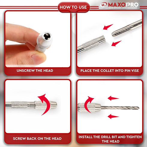 Swivel Head Pin Vise Hand Drill with Two Reversible Collets – Size Range (0-2.381 mm) - Nickel Plated, Anti- Slip Steel Body Resin Drill for Jewel...