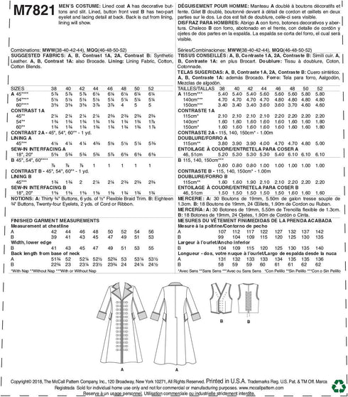 McCall's Patterns MCC 7821 McCall's M7821 MWW Sewing Pattern Men's Wide Lapel Long Leather Coat & Laced Back Vest Costume, Size 38-44...