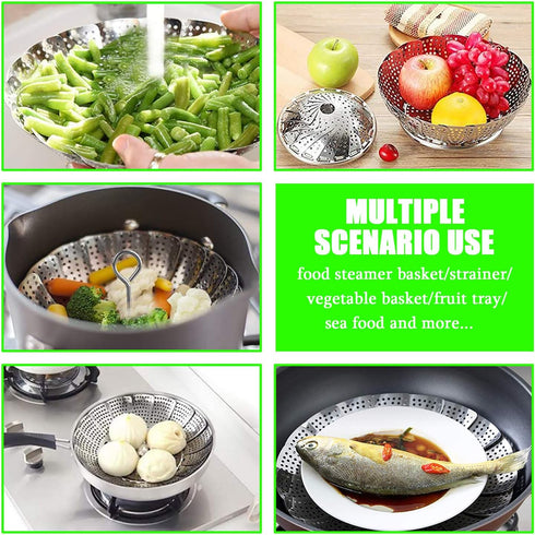 Steamer Basket Stainless Steel Vegetable Basket Metal Handle Folding Silicone Feet Steamer Insert for Cooking Veggies Fish Seafood Include Safety ...