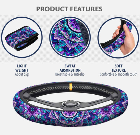 4 Pieces Mandala Purple Lotus Steering Wheel Cover Set with 2pcs Car Cup Coasters & Quarter Keyring, Cute and Fashionable Non-Slip Purple Steering...