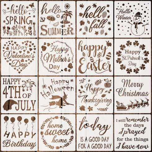 16 Pieces Seasonal Home Sign Stencils Reusable Festival Word Stencils Decorative Stencils Templates for Painting on Wood Walls Home Door Decoratio...