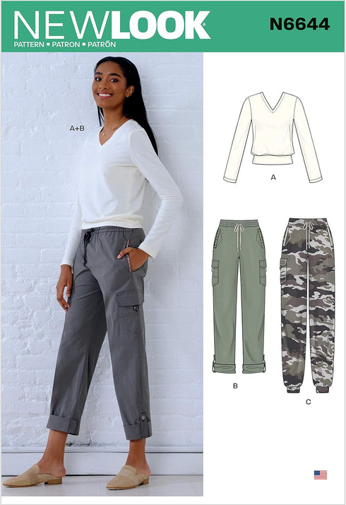New Look UN6644A Sewing Pattern N6644 Misses' Cargo Pants and Knit Top, Various, White...