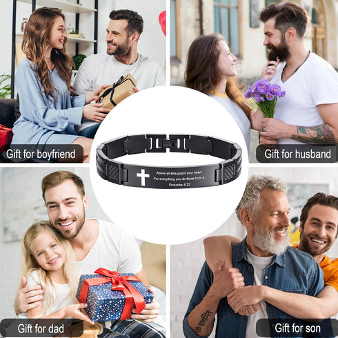 MEALGUET Stainless Steel Religous Scripture Quote Faith Christian Bible Verse Inspirational Cross Carbon Fiber Link Bracelet for Men...