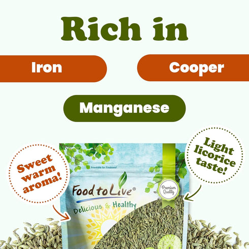 Food to Live Fennel Seeds, 4 Ounces – Whole, Raw, Non-Irradiated, Non-GMO, Kosher, Vegan, Bulk, Sweet Licorice Flavor, Perfect for Fennel Tea, Coo...