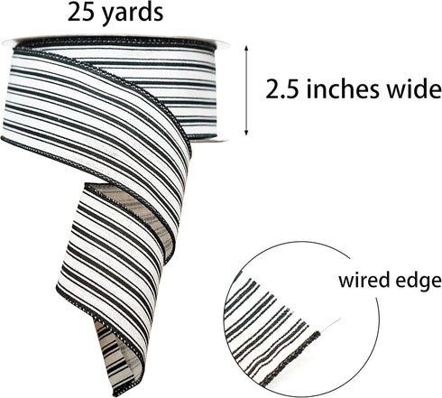 Black and White Striped Ribbon Wired, 2.5 inch x 25 Yards Christmas Wired Edge Ribbon, Ticking Stripe for Wreath, DIY Craft Gift Wrapping, Farmhou...