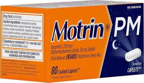Motrin PM Caplets, 200 mg Ibuprofen & 38 mg Sleep Aid, Nighttime Relief for Minor Pains, 80 ct....