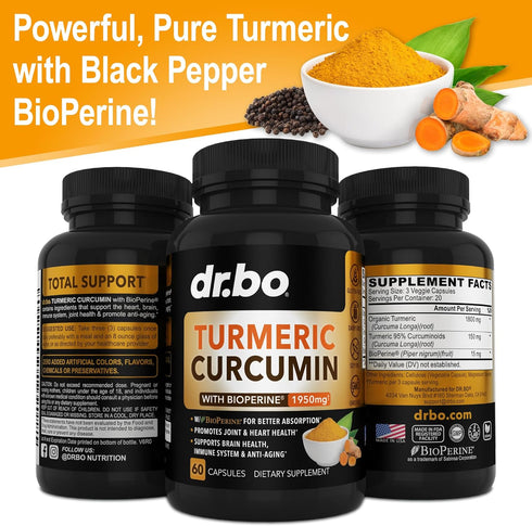 Turmeric Curcumin with BioPerine Supplement Capsules - Natural Joint Support Supplements with 1950mg Curcuma Longa Pure Organic Tumeric and Curcum...