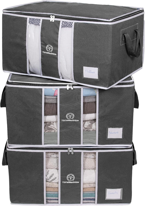 Clothes Storage Bag Organizer for, Blankets, Clothing, Comforters and Bedding Sets - Stackable with Zippers - Clear Window - 3 Pack Grey...