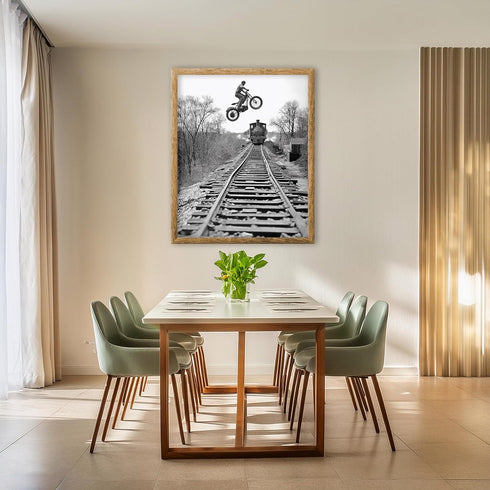 Posterizer 1 pcs-black and white photo-motorcycle on train track 1-Photography Art-Retro Art-Decor for Home & Office- unframed wall art...