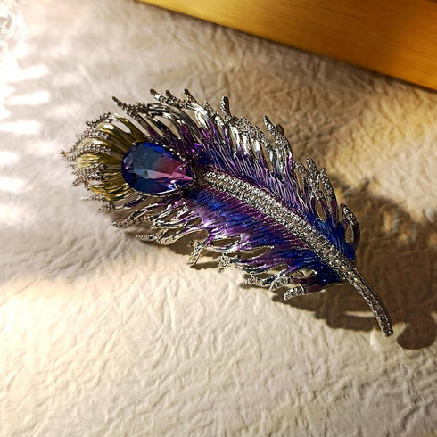 Gorgeous Gold Tone Blue Purple Enamel Peacock Feather Brooch Pin with AB Tear Stone...