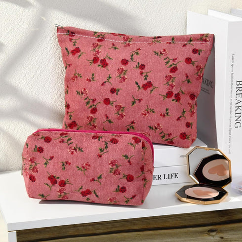 2 Pieces Red Rose Makeup Bag Large Cosmetic Bag Capacity Canvas Travel Toiletry Bag Organizer Cute Makeup Brushes Aesthetic Accessories Storage Ba...