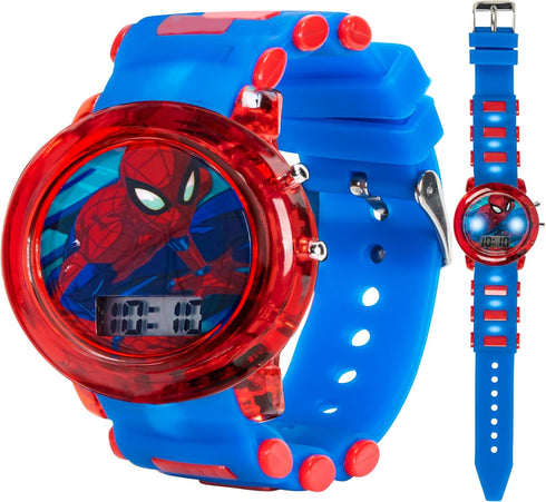 Marvel Spider-Man Kids' LCD Watch – Flashing LED Bullet Band, Digital Time Display, Red & Blue Design, Durable Plastic Case, Adjustable Silicone S...