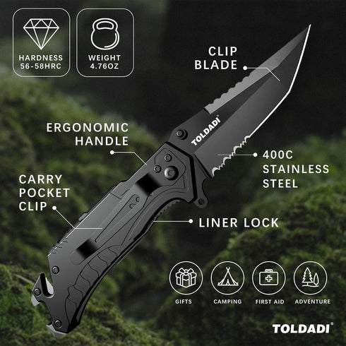 Pocket Knife With Clip, Folding Knife, Pocket Knife for Men,Sharp Hiking Camping Fishing Work Outdoor Survival Men knives (400C-BLACK)...