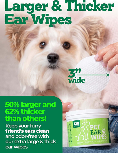 120ct Pet Ear Wipes for Dogs w/Itch Relief | Natural Coconut Oil, Eucalyptus & Aloe | Irritation Relief, Easy Otic Wax Cleaner Solution Pets...