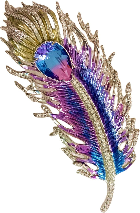 Gorgeous Gold Tone Blue Purple Enamel Peacock Feather Brooch Pin with AB Tear Stone...