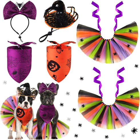 6 Pieces Pet Halloween Costume Dog Accessories includes Tulle Tutu Skirt Halloween Dog Bandana Cute Headband Wizard Hat with Spider Halloween Cost...