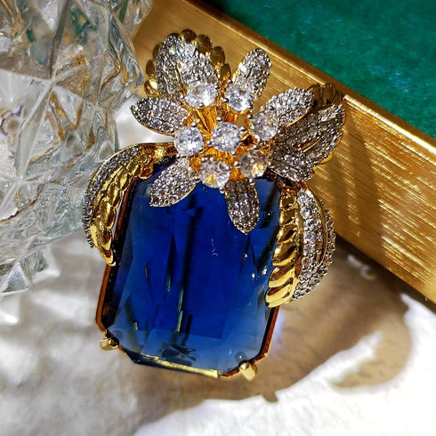 Gorgeous Floral Cobalt Blue Large Faceted Stone Brooch Gold Tone...