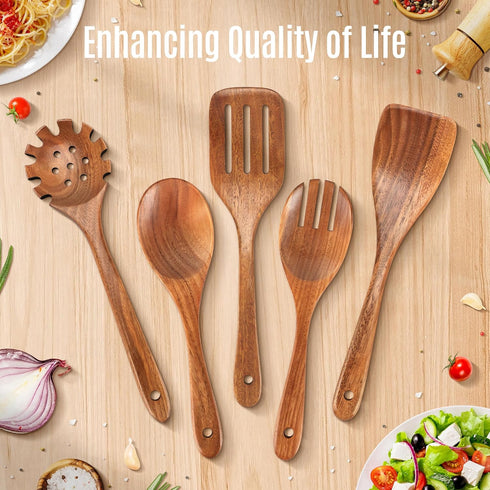 5 PCS Wooden Spoons for Cooking Natural Teak Kitchen Utensils Smooth Non-Stick Surface Cooking Utensils Set Soft Comfort-Grip Wooden Utensils for ...