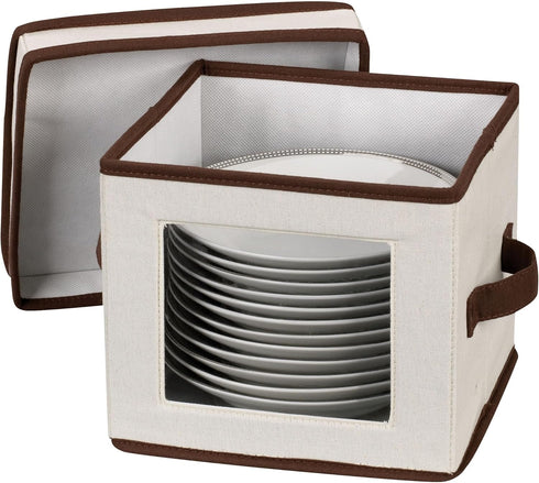 Household Essentials China Plate Storage Box, Holds 12 Dessert Plates or Bowls, Windowed Panel, Sturdy Frame and Reinforced Handles, Felt Cushions...