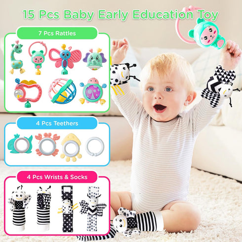 15Pcs Baby Wrist Rattles & Foot Finders Sock,Newborn Hand and Foot Rattles/Teething Toy for Babies,Educational Development Infant Toys,Infant Ratt...