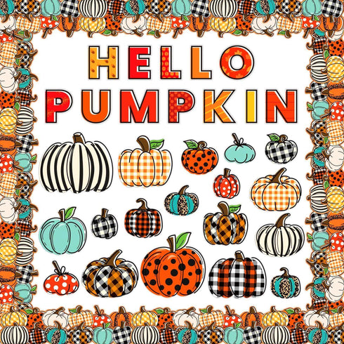 GreenPine 90Pcs Happy Fall Pumpkin Cutouts Thanksgiving Bulletin Board Set with Pumpkin Borders Trim Classroom School Office Wall Decor Themed Par...