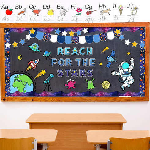 82Pcs Outer Space Bulletin Board Decoration Kit Astronauts Aliens Rockets Reach for The Stars Cutouts with Glue Points Space Theme Bulletin Board ...