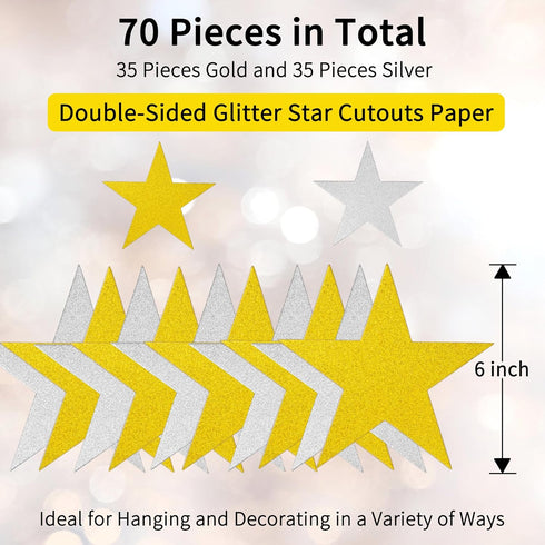 70Pcs 6 Inch Glitter Stars Cutouts Paper Confetti Star Dulinkas Double Printed Paper Star Decorations for Classroom Wall Festival Movie Night Part...