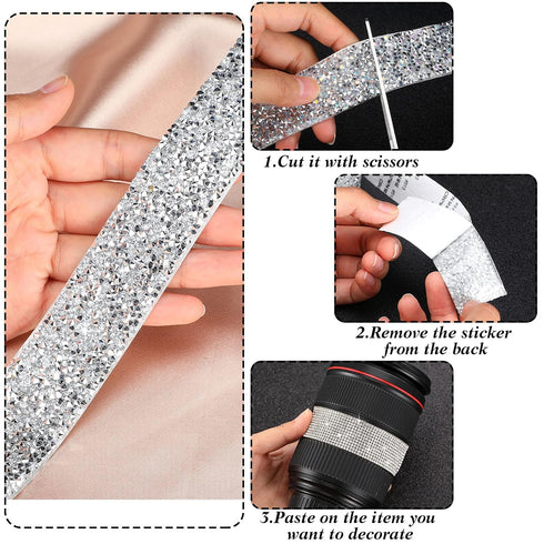 3 Yards Self Rhinestone Ribbon Crystal Rhinestones Stickers Bling Tape Wedding Ribbon Rhinestones for Crafts Car Wrap Phone Mirror Decor (Silver W...