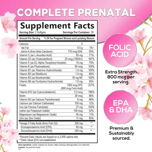 Hello Lovely! Women's Prenatal Multivitamin with Folic Acid + DHA, Prenatal Vitamins w/Folate, Omega 3, Vitamins D3, B6, B12 & Iron, Pregnancy Sup...