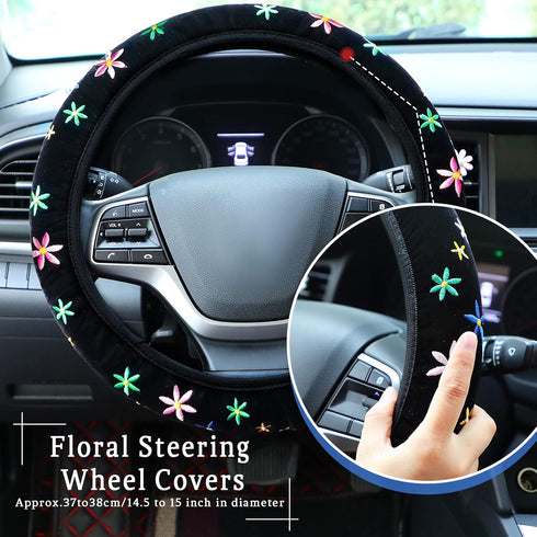 10 Pcs Embroidery Cute Flower Car Accessories Set Floral Steering Wheel Cover Car Air Vent Clips Center Console Armrest Cushion Car Cup Mats Seat ...