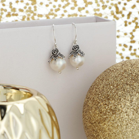 Paz Creations Sterling Silver Dangle Pearl Earrings with Floral Caps - Real Freshwater Ball-Shaped White Pearls - Elegant Drop Earrings Set - Clas...