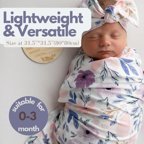 Newborn Baby Girl Receiving Blanket Swaddle Blanket Stretchy Knit Swaddle Set with Matching Headband Beanie with a Name Card (Pink and Purple Flor...