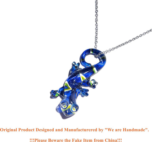 Handmade Large Blue Lizard Art Glass Blown Animal Figurine Pendant Necklace Jewelry...