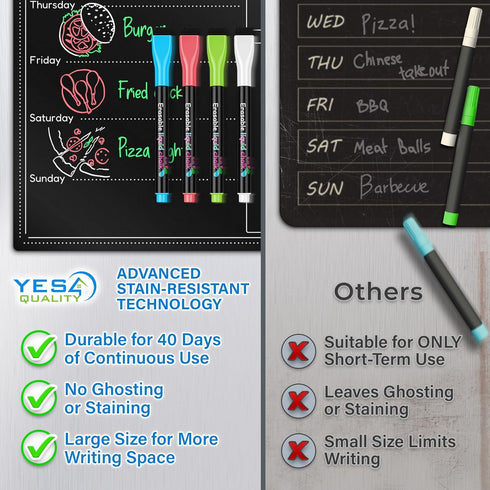 Magnetic Dry Erase Black Menu Board for Fridge (16 x 12"), Weekly Meal Planner Blackboard w/ 4 Neon Chalk Markers & Cloth Eraser, Chalkboard Organ...