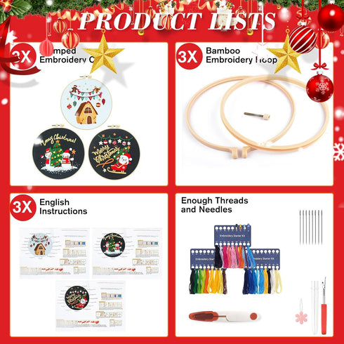 3 pcs christmas embroidery kit,embroidery kit for beginners adults,cross stitch kits with Patterns and Instructions3 Embroidery Hoop 3 Set Embroid...