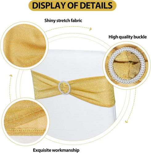 Eternal Beauty Set of 10 Gold Chair Sashes Glitter Chair Band Spandex Chair Sashes for Folding Chairs Wedding...