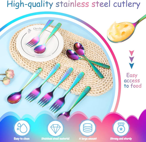 Pimoys 12 Pieces Toddler Utensils Kids Rainbow Silverware Set, Stainless Steel Childrens Safe Forks and Spoons, Metal Kids Cutlery Set, Dishwasher...