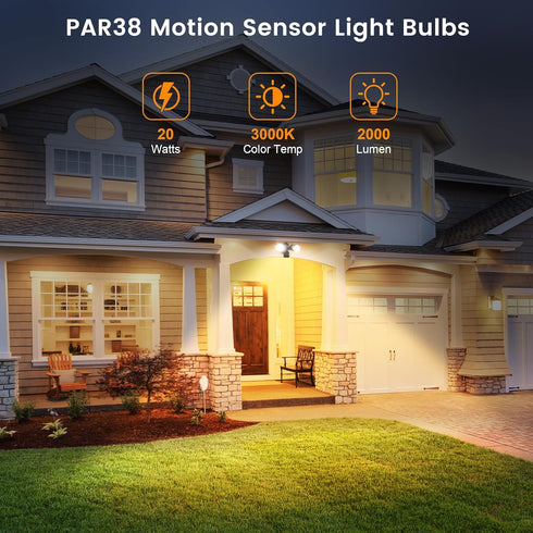 Torkase PAR38 Motion Sensor Flood Light Bulbs, Motion Activated Outdoor Lighting,200 Watt Equivalent(20W) 2000LM, 3000K Warm White,LED Flood Light...