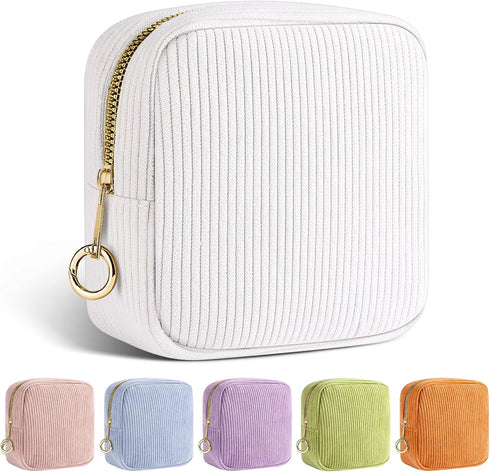 5.31" Small Makeup Bag for Purse, Corduroy Cosmetic Bag for Women Girls, Portable Makeup Pouch with Zipper (White)...