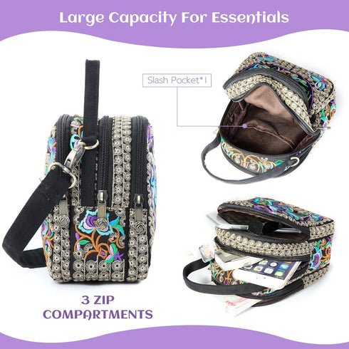 Embroidery Canvas Shoulder Bag Women Vintage Boho Mini Crossbody Bag Handbag Cell Phone Pouch...
