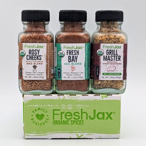 FreshJax Organic Surf n' Turf Seasonings Gift Set | 3 Sampler Sized | Fresh Bay, Rosy Cheeks Maple Bourbon, Grill Master Steak Blend | Handcrafted...