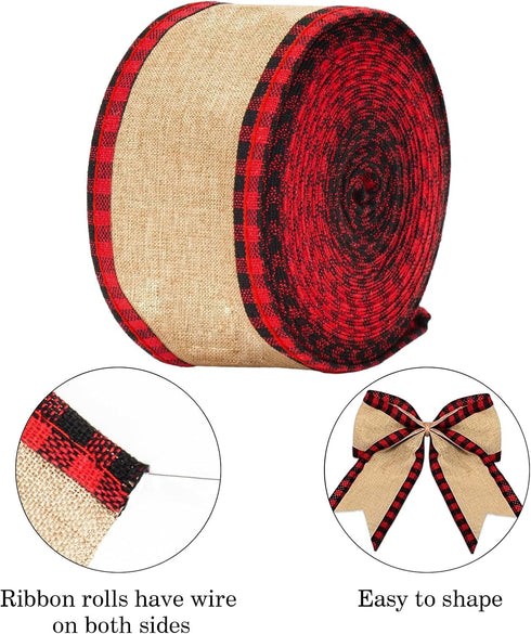 joycraft Buffalo Plaid Wired Edge Ribbons, Christmas Burlap Fabric Ribbon Roll with Checkered Edge, 2.5" x 11 Yds Burlap Ribbon for Christmas Part...
