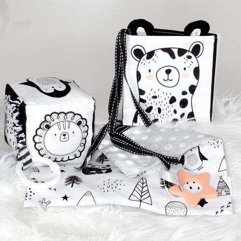 The Ultimate Tummy Time Toys Set of 3 - Soft High Contrast Book, Toy Block, Crinkle Paper and Teether - Stimulating Black & White Sensory Developm...