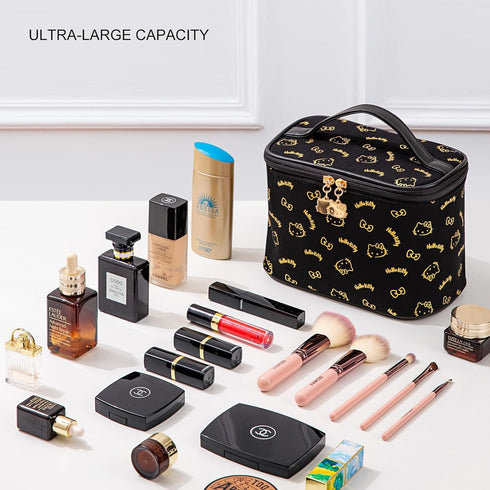 Large Cosmetic Bags Travel Makeup bag Brush Holder Zipper Organizer Storage Bag with Handle Brush for Women (Black-A)...