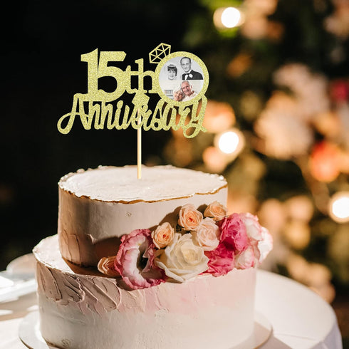 Sumerk 15th Anniversary Cake Topper,13pcs Gold Glitter Cake Toppers with Small Heart,Cake Decorations for 15th Wedding Anniversary Celebration Par...