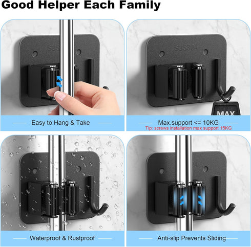 4 Pack Broom Holder Wall Mount Stainless Steel Mop Hanger - Home Laundry Room, Kitchen, Closet, Garage Organization and Storage Heavy Duty Utility...