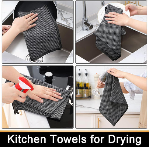 Kitchen Towels and Dishcloths Sets, 26 X 15 Inch and 12 X 12 Inch, Set of 8, Soft and Super Absorbent Dish Towels for Drying Dishes, Black with Wh...