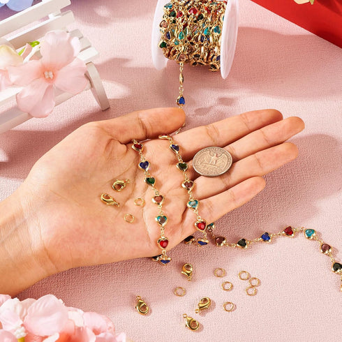 Pandahall 13.12 Feet Rhinestone Heart Links Chains Colorful Crystal Glass Heart Golden Chains Unwelded Jewelry Chains for Bracelet Necklace Jewelr...