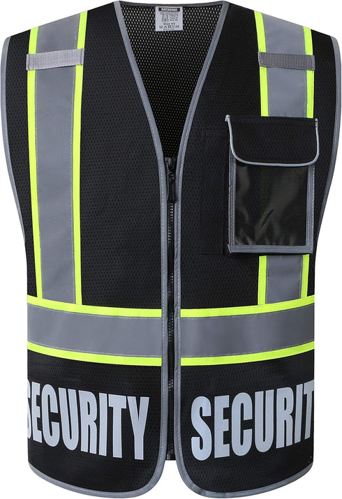 Retro-Reflection Security Safety Vests Heavy Duty Black Mesh with 5 Pockets and Front Zipper Meet ANSI/ISEA 107-2015 (Black-22, Medium)...